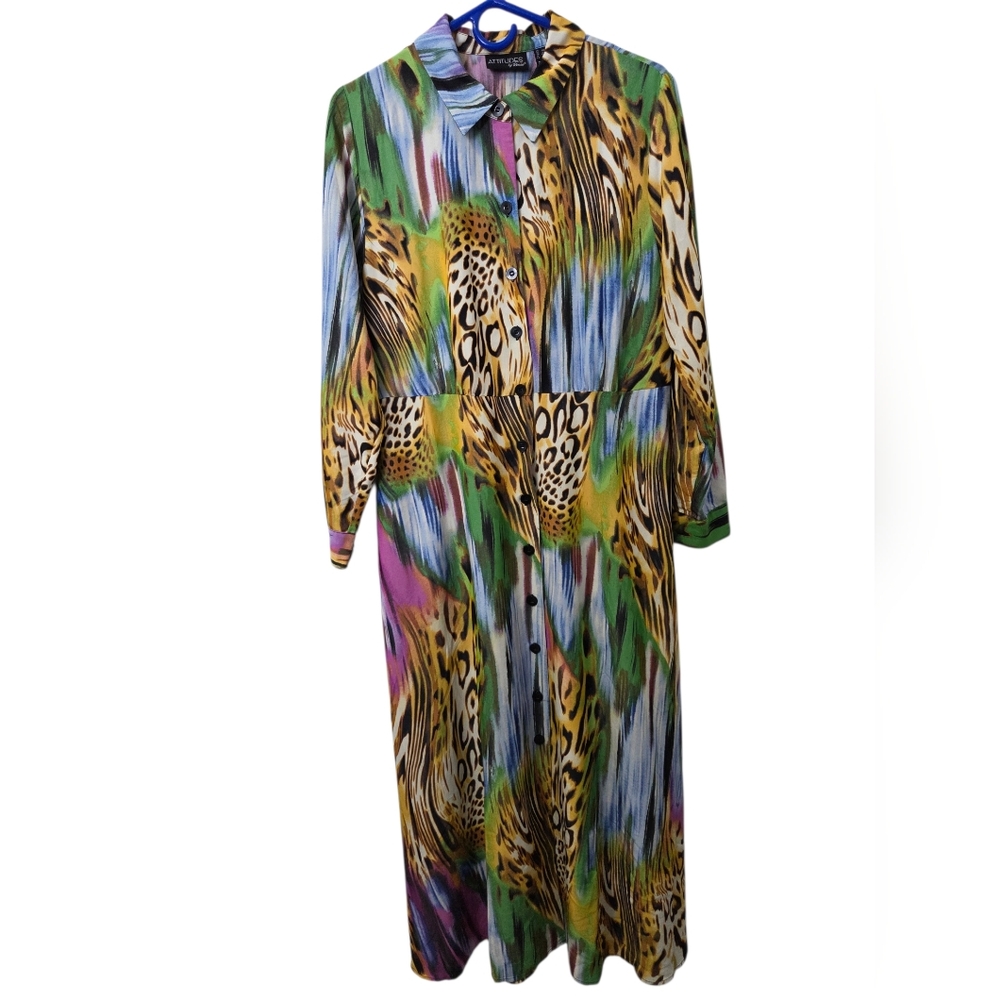 Attitudes by Renee Yellow and Purple Long Sleeve Shirt Dress Womens Size MT